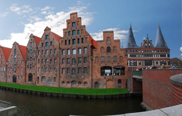 Picture the sky, bridge, river, tower, home, gate, Germany, Lubeck