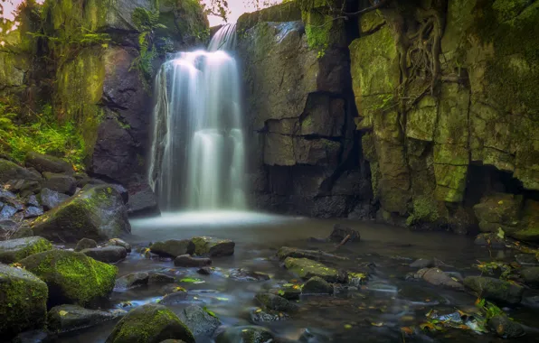Stones, rocks, waterfall, moss