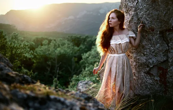 Picture girl, nature, pose, stones, dress, red, redhead, Nikolay Novikov