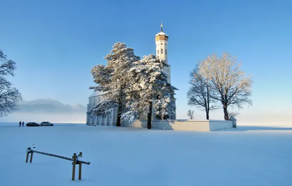 Winter, snow, trees, Germany, Bayern, Church, Germany, Bavaria