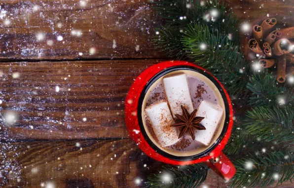 Picture snow, New Year, Christmas, Christmas, wood, snow, New Year, cocoa