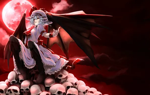 Picture night, skull, bat, the full moon, blood moon, vampire, black wings, Touhou Project