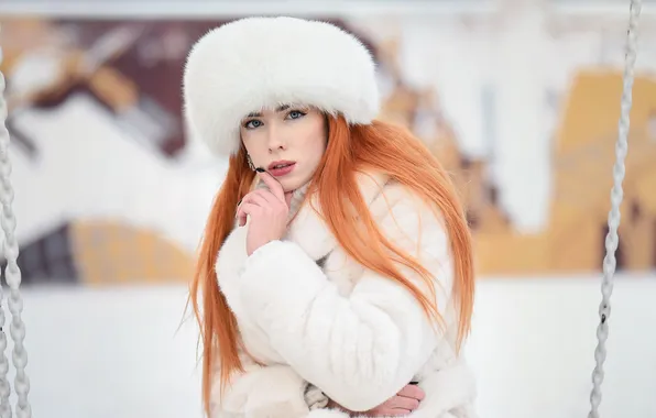 Winter, look, girl, pose, hat, portrait, hands, coat