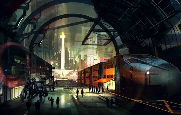 Picture night, the city, future, fiction, people, station, train, robot