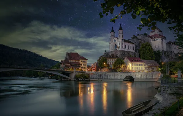 Light, Clouds, Tree, Switzerland, Bridge, Castle, Building, Sea