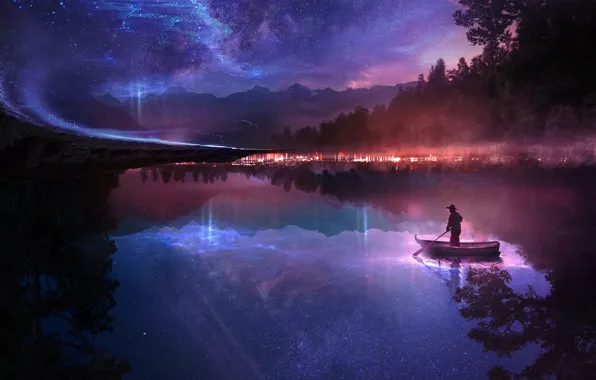 Forest, the sky, stars, night, lake, fantasy, boat, people