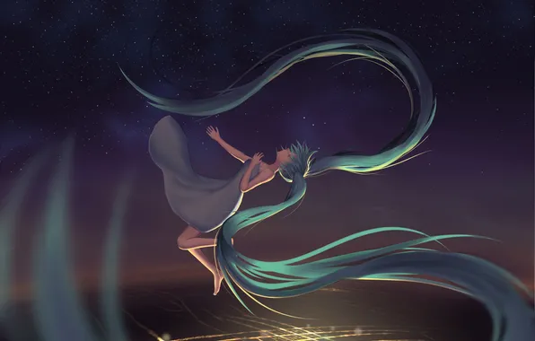 The sky, girl, stars, the city, lights, height, anime, art