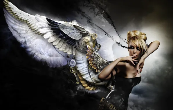 Picture girl, background, mechanism, wings, angel, dress, black, blonde