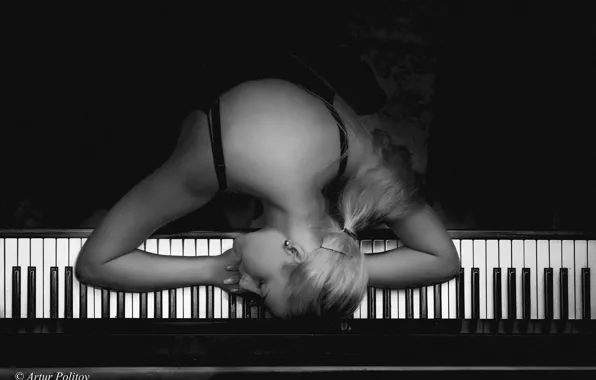 Girl, photo, keys, blonde, black and white, piano, fell asleep