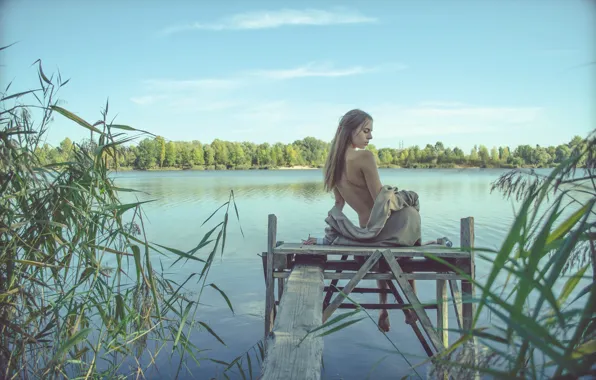 Girl, pose, river, the reeds, model, portrait, relax, light