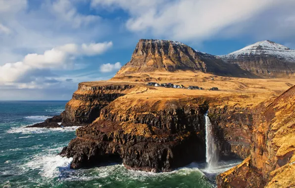Wallpaper sea, rocks, shore, waterfall, houses, The Faroe Islands for ...
