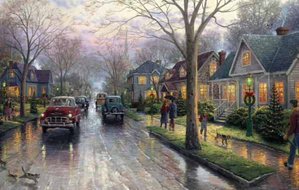 Street, Christmas, lights, painting, Christmas, Thomas Kinkade, painting, Thomas Kinkade