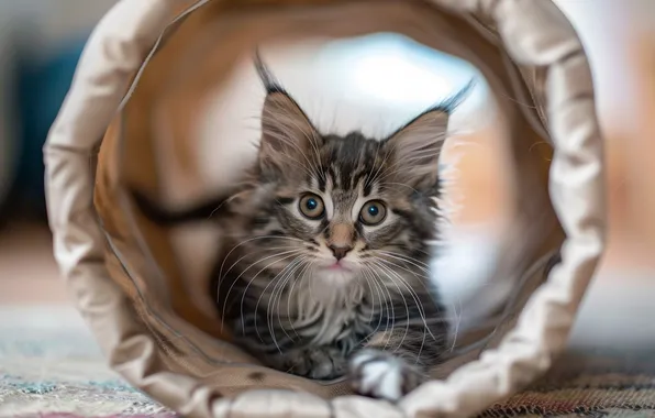 Cat, look, kitty, grey, face, basket, striped, Maine Coon