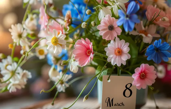Flowers, table, holiday, blue, the inscription, bouquet, spring, pink