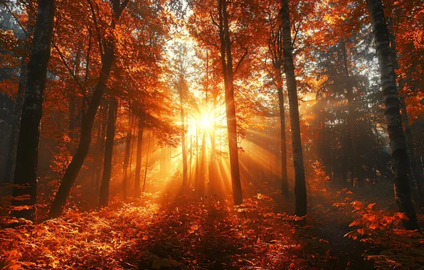 Autumn, forest, the sun, rays, light, trees, landscape, nature