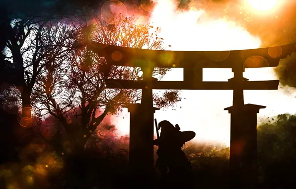 Girl, the sun, nature, torii, Touhou Project, Marisa Kirisame, by Akyuun