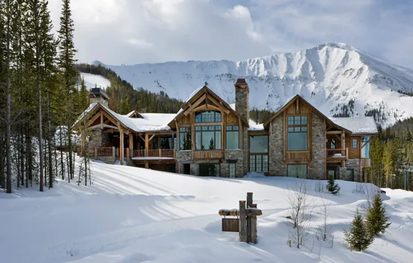 Winter, forest, snow, mountains, USA, architecture, Montana, Montana