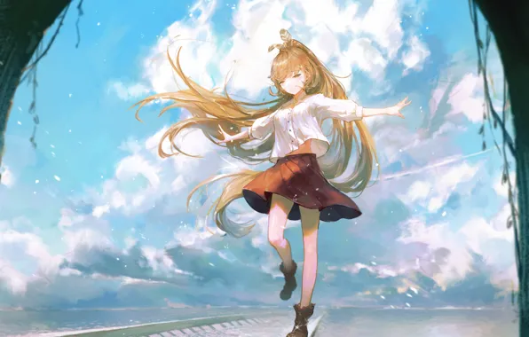 The sky, water, girl, rails, hololive, virtual youtuber, Nanashi Mumei