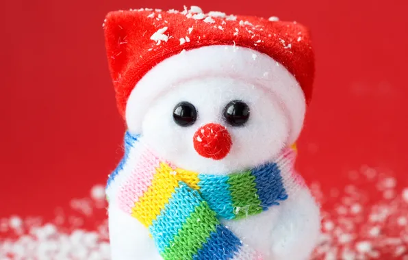 Snowman, scarf, red background, cap, souvenir, artificial snow