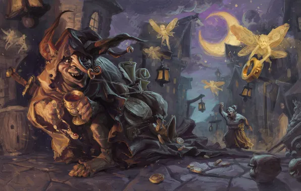 Night, the city, gold, being, fairy, thief, Goblin