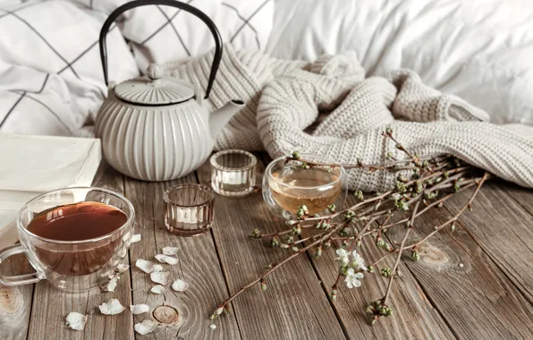 Wallpaper kettle, candles, tea, Cup, flowering, book, a bunch, heat