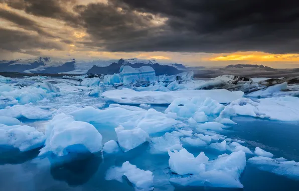 Winter, the sky, snow, mountains, clouds, rocks, ice, glacier