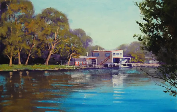Picture trees, lake, reflection, art, buildings, artsaus