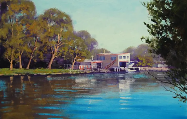 Trees, lake, reflection, art, buildings, ARTSAUS