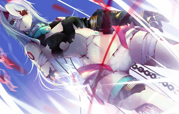 Girl, blood, mechanism, robot, art, chain, bandages, nmaaaaa