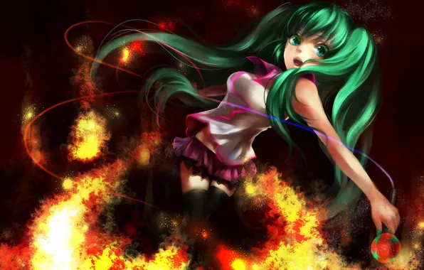 Picture girl, fire, sparks, microphone, green hair, Miku