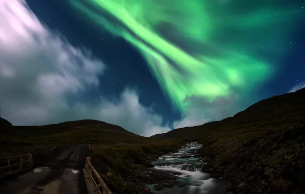 Picture landscape, night, bridge, lights, river