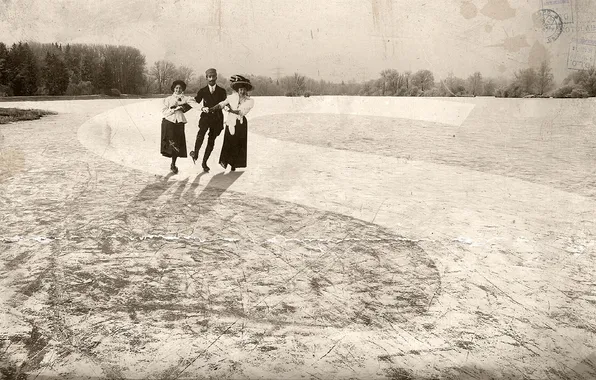 Picture winter, old, retro, people, ice, Sepia, rink, riding