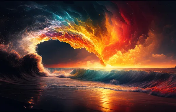 Picture Beach, Sunset, Digital Art, Scenery, Waves, AI Generated