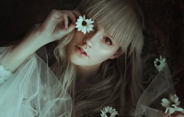 Picture look, girl, flowers, face, mood, hair, hand, bangs
