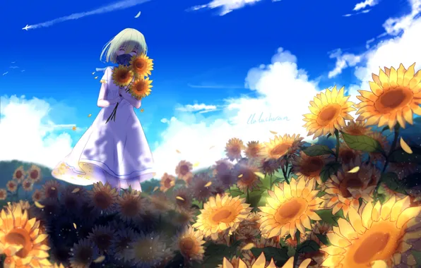 Picture summer, girl, sunflowers, gas mask, by lluluchwan