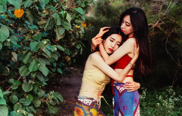 Girls, pair, Asian girls, hug