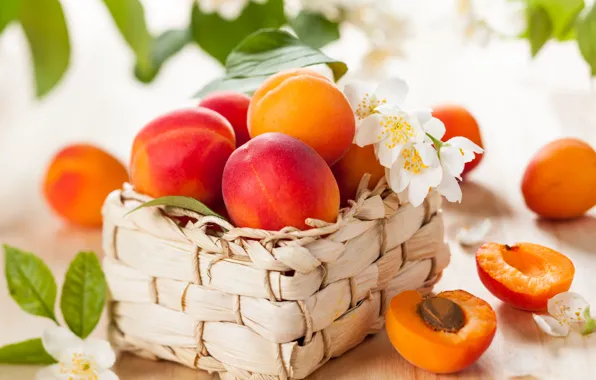 Leaves, flowers, close-up, fruit, basket, peaches, bokeh