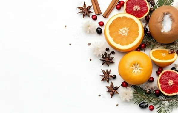 Branches, oranges, Christmas, white background, New year, fruit, needles, circles