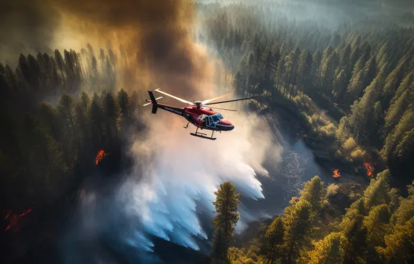 Trees, Smoke, Fire, Forest, Fire, Helicopter, Digital art, Water discharge