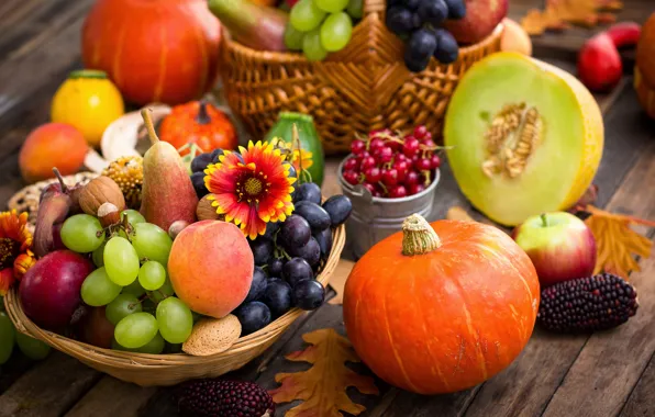 Autumn, leaves, apples, grapes, pumpkin, peaches, autumn, grapes