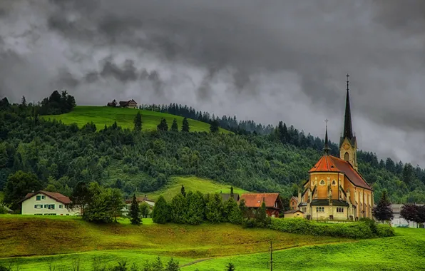 Trees, hills, field, HDR, home, Switzerland, slope, Church