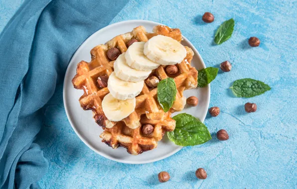 Table, towel, bananas, leaves, nuts, mint, dessert, waffles