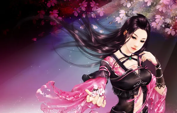 Girl, petals, Sakura, art, Asian, flowers, zhang xiao bai