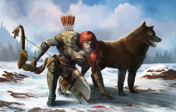 Picture girl, snow, blood, wolf, bow, art, Guild Wars 2