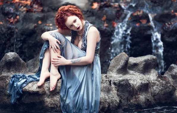 Chest, eyes, leaves, water, rocks, woman, hair, dress