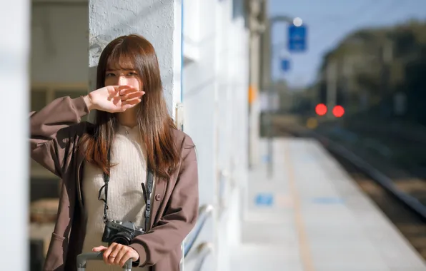 Girl, the camera, Asian, coat