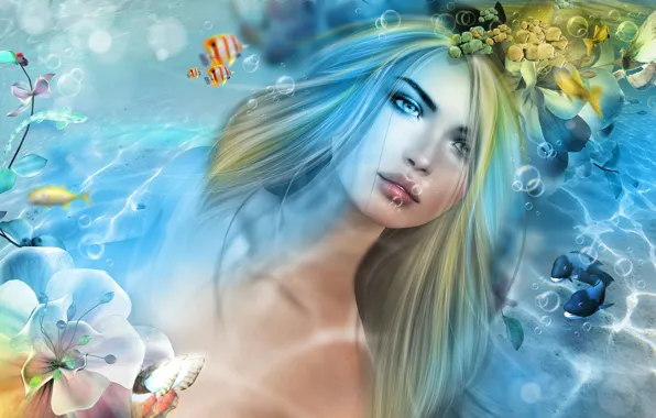 Water, girl, fish, mermaid