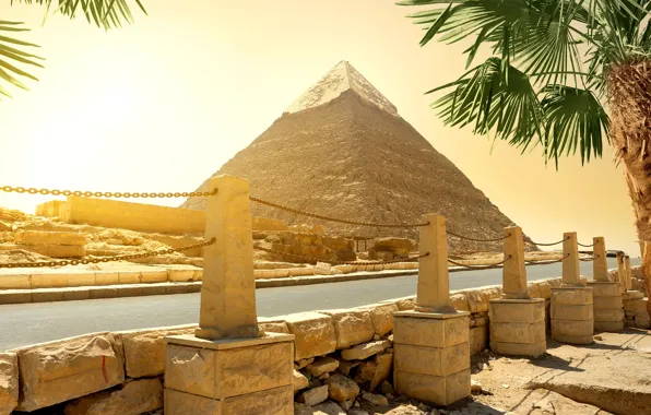 Picture road, the sun, stones, palm trees, pyramid, Egypt, Cairo