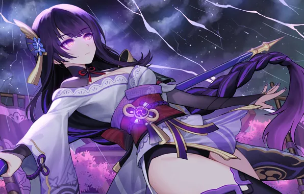 Girl, rain, zipper, fantasy, Genshin Impact, Raiden Shogun