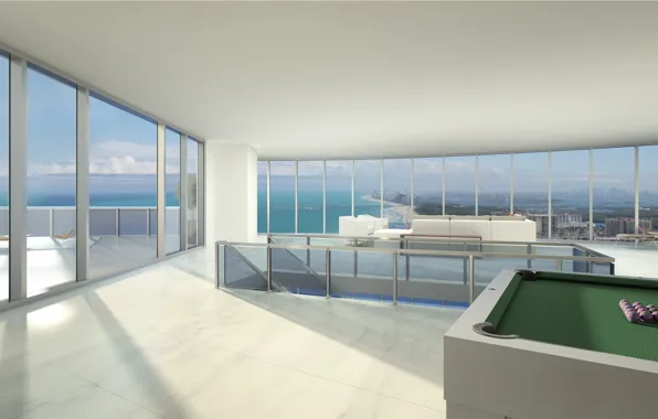 Space, interior, Miami, Billiards, penthouse, Miami, terrace, living room